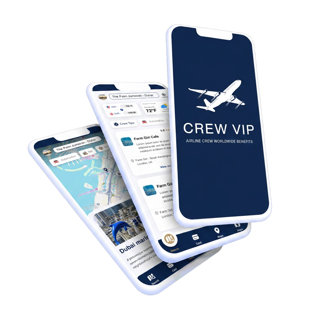 CrewVIP app shown on three phones
