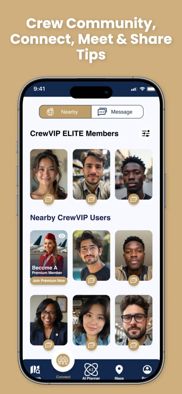 CrewConnect community screen: nearby CrewVIP members and messaging